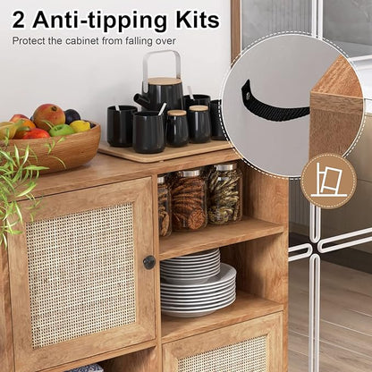 Giantex Buffet Cabinet, Wood Sideboard Storage with 2 Rattan Doors & 2 Cubes, Farmhouse Coffee Bar Accent, Freestanding Cupboard Organizer for Living Room Kitchen Hallway
