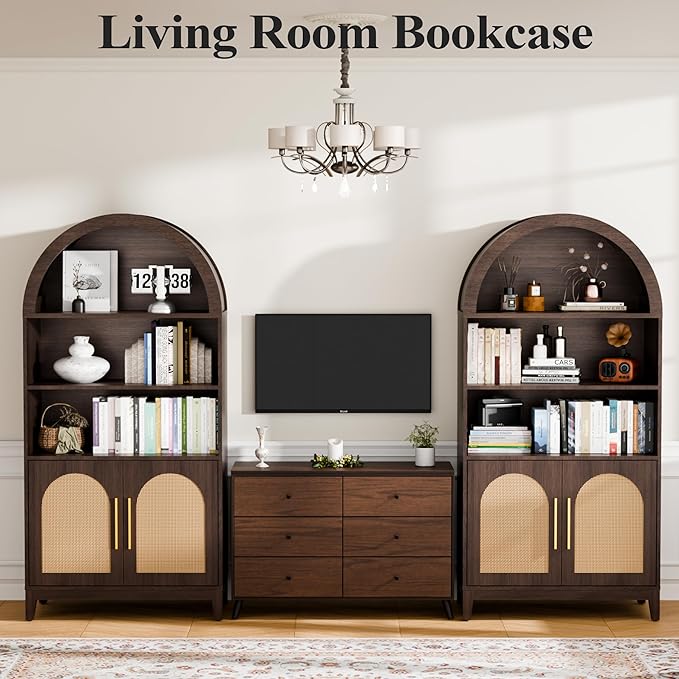 63" Tall Arched Pantry Cabinet with Doors, 5-Tier Arched Bookcase with Adjustable Shelves, Wood Storage Cabinet for Kitchen, Living Room, Office, Walnut