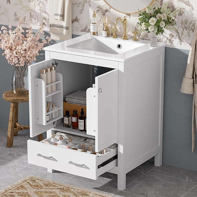 Favfurish 24" Modern Bathroom Vanity with Ceramic Sink, Freestanding Storage Cabinet w/2 Soft-Close Doors & 1 Drawer, Double-Layer Door Shelf, Solid Wood Frame for Small Bathrooms, Easy Assembly,White
