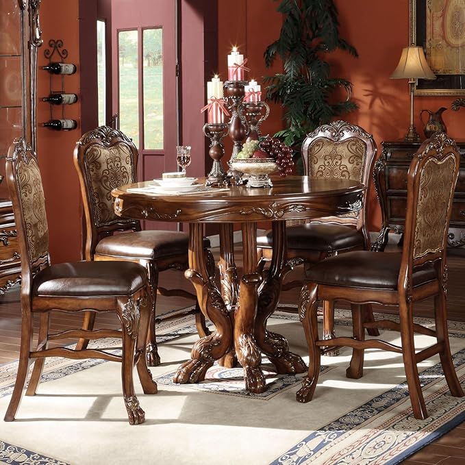 Beige and Cherry Oak Counter Height Chairs Set of 2 Vintage Wood Fabric Elegant Design with Front Legs Claw Feet Dining Tables & Kitchen Islands Addition