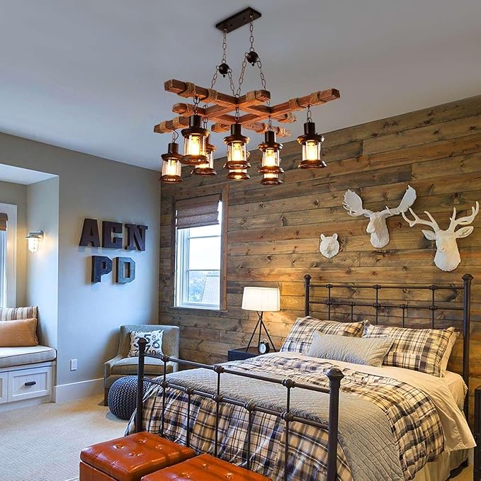 Wooden Chandelier 8 Lights Industrial Chandelier Retro Wood Lamp Pendant Lights Farmhouse Ceiling Lighting Lamp Fixture Dining Room Light Fixture Glass Lampshade for Homes, Bars, Restaurants, Cafes