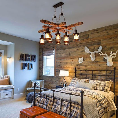Wooden Chandelier 8 Lights Industrial Chandelier Retro Wood Lamp Pendant Lights Farmhouse Ceiling Lighting Lamp Fixture Dining Room Light Fixture Glass Lampshade for Homes, Bars, Restaurants, Cafes
