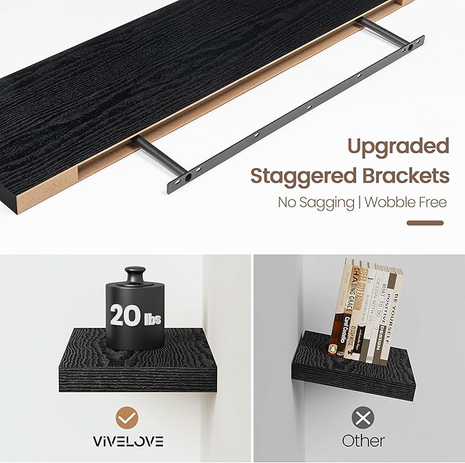 Vivelove Floating Shelves 16 Inch, Wall Shelves Over Toilet with Invisible Brackets for Bathroom Living Room Kitchen Bedroom Office Farmhouse Home Decor, 16" X 9.3" X 1.5" - Set of 2, Black