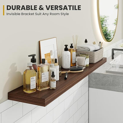 Acovy 55 Inch Floating Shelves, 9.3" Deep Floating Shelf Wall Mounted, 56" Wall Shelves, Rustic Deep Bookshelf, Large Display Shelves & Storage Shelves for Bedroom, Living Room, Walnut, Set of 2