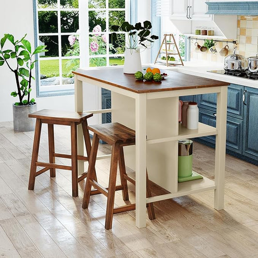 LUMISOL 3 Piece Counter Height Dining Table Set, 45" Stationary Kitchen Island with 2 Open Shelves and 2 Seatings, Butcher Block Dining Table Set Prep Table Set for Small Place Kitchen, Walnut