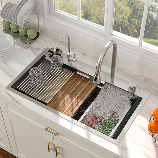33 Inch Drop In Waterfall Kitchen Sink Workstation Smart 16 Gauge Stainless Steel Single Bowl Waterfall Sinks with Faucet Combo and Cup Washer Set