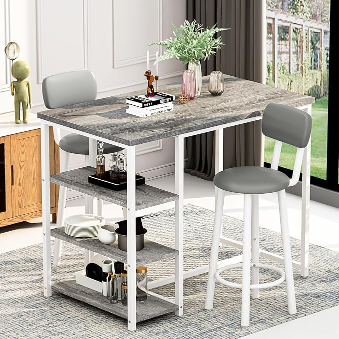 Kitchen Dining Table Set for 2, Bar Table and Chairs Set with 3 Storage Shelves, Tall Dining with 2 PU Leather Backrest Stools for Small Space, Kitchen Island, Apartment, Grey