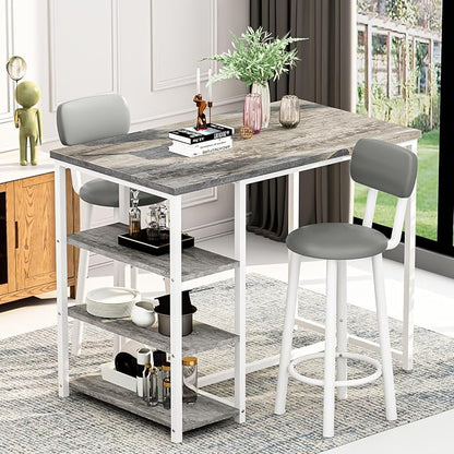 Kitchen Dining Table Set for 2, Bar Table and Chairs Set with 3 Storage Shelves, Tall Dining with 2 PU Leather Backrest Stools for Small Space, Kitchen Island, Apartment, Grey