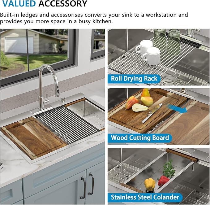 33"x22" Drop In Kitchen Sink Ledge Workstation – 16 Gauge 304 Stainless Steel Above Counter Deep Single Bowl Top Mount Sink Basin