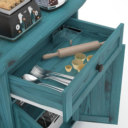 Sideboard Buffet Cabinet with Power Outlet,Freestanding Kitchen Cabinet with Storage,Accent Coffee Bar with Doors,Vintage Blue