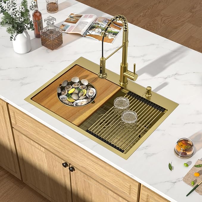 30 Gold Drop In Kitchen Sink - Workstation All-In One 16 Gauge Stainless Steel 30x22 Single Bowl Topmount Handmade Sinks for Kitchen with Mixing Board and Pasta Strainer #TLT-0070