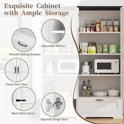 Shintenchi Kitchen Pantry Cabinet, Freestanding Farmhouse Storage Cabinet with 4 Shelves and 1 Drawer, Tall Cupboard for Kitchen, Living Room, Dining Room and Bathroom, White