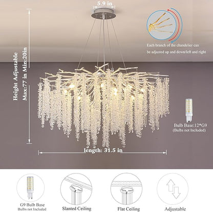 Crystal Tree Branches Chandeliers Luxury Round Raindrop Pendant Light Fixture Ceiling Hanging Light for Dining Room Bedroom Living Room Entryway D31.5“ Silver