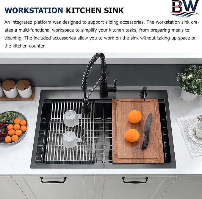 33x22 Black Double Bowl Drop In Kitchen Sink Workstation - 16 Gauge Stainless Steel Workstation Sinks 50/50 Split, Top Mount Drop In Kitchen Sink Double Bowl with Accessories