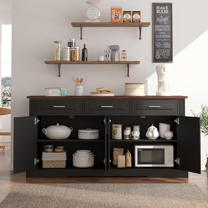 63" Large Buffet Sideboard with Storage, 32" Tall Kitchen Buffet Storage Cabinet with 3 Drawers, Modern Coffee Bar Cabinet with Handles, Long Sideboard Buffet Table for Kichen, Living Room (Black-01)