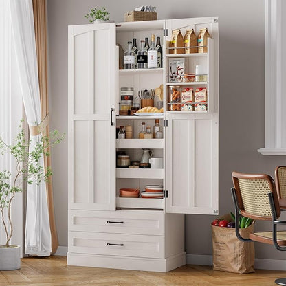 ONBRILL 71" Tall Farmhouse Kitchen Pantry Cabinet with 3 Pull Out Shelves & 2 Large Drawers, Pantry Storage Cabinet with 6 Door Shelf & Adjustable Shelf, Freestanding Cupboard for Kitchen, Dining Room