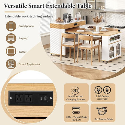 Extendable Dining Table with Extra-Long Folding Top, Rolling Kitchen Island with Drawers, Power Outlet and Brake Lock, Storage Cabinet for Kitchen and Dining Room (Natural + Creamy White)