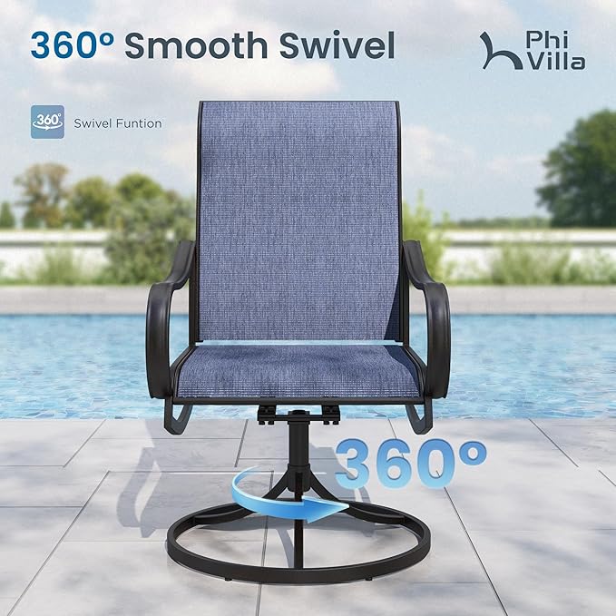 PHI VILLA 7 Piece Outdoor Patio Dining Set, Large Metal Table (1.57'' Umbrella Hole) and 6 Swivel Dining Chairs with Textilene Mesh Fabric, All Weather Patio Furniture Set for Deck Lawn Garden (Blue)