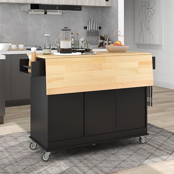 GOWE Rolling Mobile Kitchen Island with Solid Wood Top and Locking Wheels,52.7 Inch Width,Storage Cabinet and Drop Leaf Breakfast Bar,Spice Rack, Towel Rack & Drawer (Black)