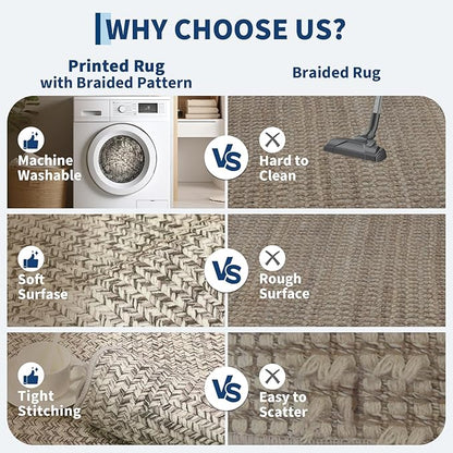 Imitation Braided Collection-Print Scalloped Washable Rugs 8x10 Area Rug for Living Room Soft Bedroom Rug Farmhouse Large Rug Non Slip Stain Resistant Carpet for Nursery Dining Room 8'x10'