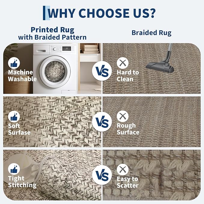 Imitation Braided Collection-Print Washable Rugs 10x13 Area Rug for Living Room Scalloped Bedroom Rug Soft Large Area Rug Non Slip Throw Rugs Stain Resistant Carpet for Nursery Dining Room