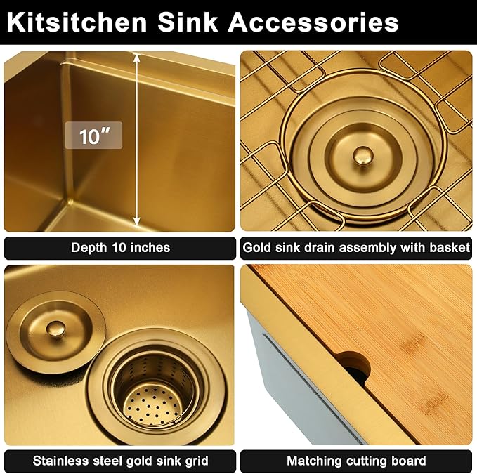 Kitsitchen Gold Bar Sink Undermount, 16 Guage Stainless Steel Workstation Sinks with Accessories, 15 Inch Small Kitchen Sink for RV, Outdoor, Wetbar, Pre-Bar