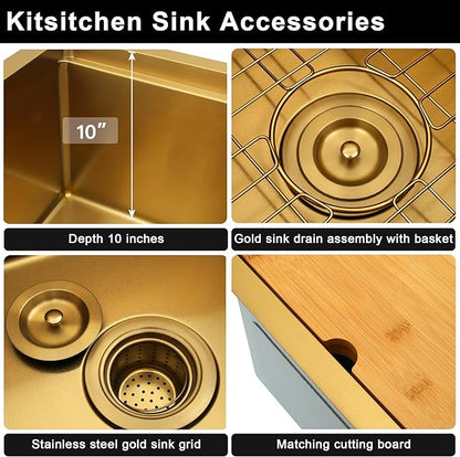 Kitsitchen Gold Bar Sink Undermount, 16 Guage Stainless Steel Workstation Sinks with Accessories, 15 Inch Small Kitchen Sink for RV, Outdoor, Wetbar, Pre-Bar