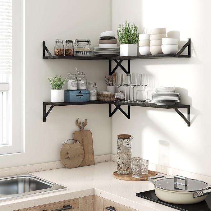 Axeman 24 Inch Black Floating Shelves | 8 Inch Deep Wall Shelves Set of 2 | 24''W x 8''D Rustic Black Wood Shelves for Bathroom Kitchen Living Room Bookshelf Home Office