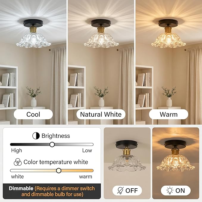 1-Light Vintage Semi Flush Mount Ceiling Light, Black and Gold Glass Shade Close to Ceiling Light Fixture, E26 Base Retro Lighting for Hallway Entryway Kitchen Bedroom