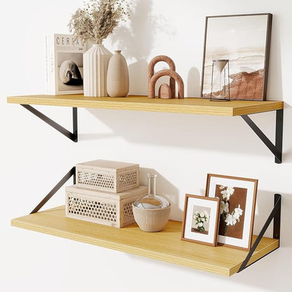 Acovy Deep Floating Shelves for Wall,30" Wx10 D Wood Floating Shelf Set of 2,Sturdy Metal Bracket Wide Display & Storage,Wall Mounted Hanging Floating Shelves for Living Room,Bedroom,Kitchen,Oak