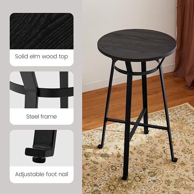 Glitzhome Bar Table and Chairs, Gray Fabric Adjustable Swivel Bar Stools Set of 2, Round Black Cocktail Pub Table for Kitchen Island Bistro Office Living Room Dining Room Small Space Restaurant