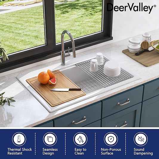 DeerValley 33 inch Workstation Kitchen Sink White Fireclay Undermount Farmhouse Sinks Single Bowl Deep Drop-in Modern Sink with Workstation Accessories