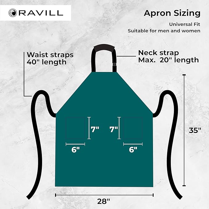 Ravill Waterproof Apron For Men and Women - 2 Pockets - 35" Long Multi Purpose Work Aprons for Dishwashing, Dog Grooming