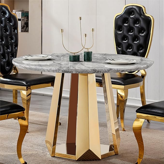 47" Round Marble Dining Table for 4-6, Luxury Modern Kitchen Table with Marble Grain MDF Tabletop & Gold Mirrored Stainless Steel Pedestal Base, Grey Stone Dinner Table for Dining Room (Table Only)