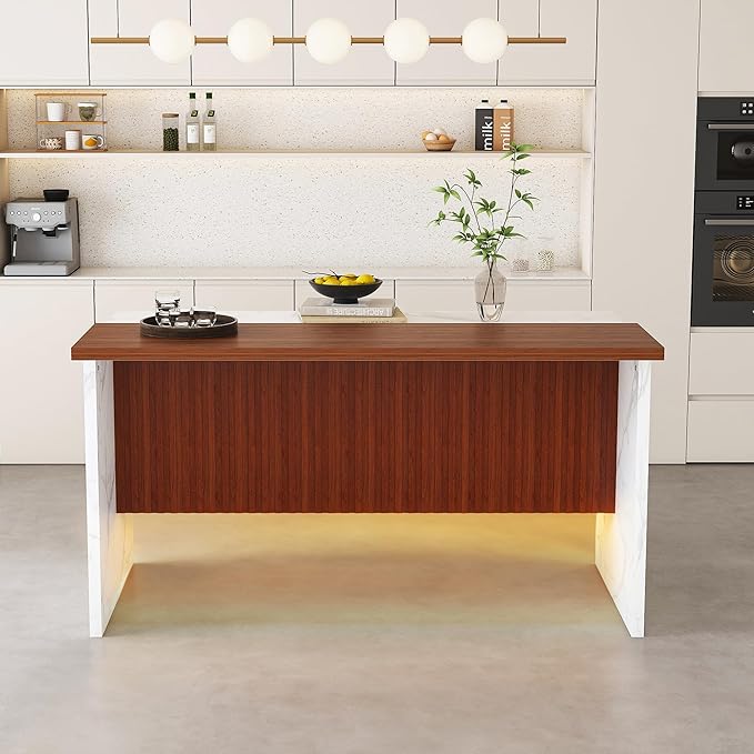 63" Modern Kitchen Table with Marble-Look Surface, LED Lights & Grille Design for Dining Room, Living Room