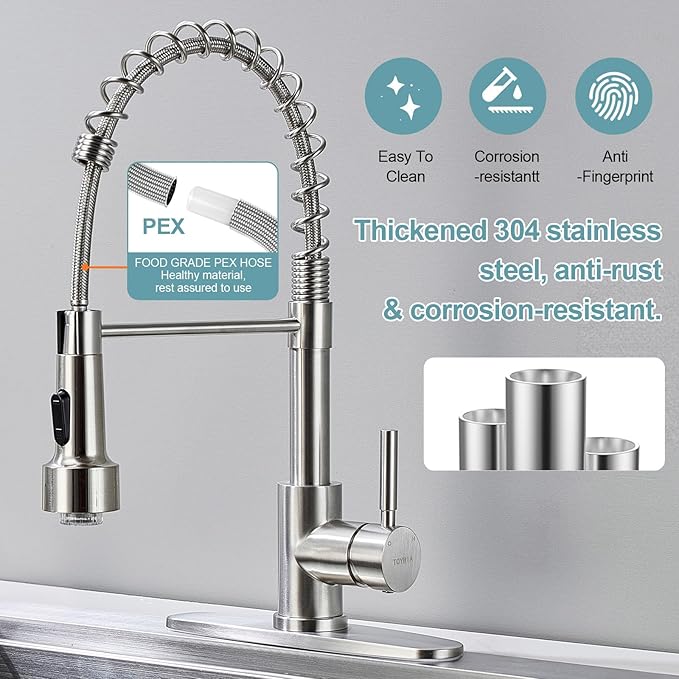 LED Kitchen Faucets with Pull Down Sprayer, Brushed Nickel Modern Single Handle Stainless Steel Pull Out Spring Sink Faucet with LED Light for RV Bar Farmhous Laundry Outdoor