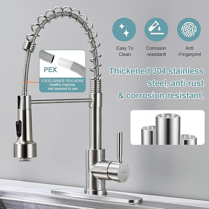 LED Kitchen Faucets with Pull Down Sprayer, Brushed Nickel Modern Single Handle Stainless Steel Pull Out Spring Sink Faucet with LED Light for RV Bar Farmhous Laundry Outdoor