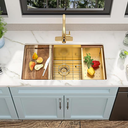 36 Undermount Kitchen Sink Gold - Fulorni 36"x19" Kitchen Sink Brushed Gold NANO-PVD Ledge Workstation 16 Gauge 304 Stainless Steel Under Counter Large Single Bowl Basin