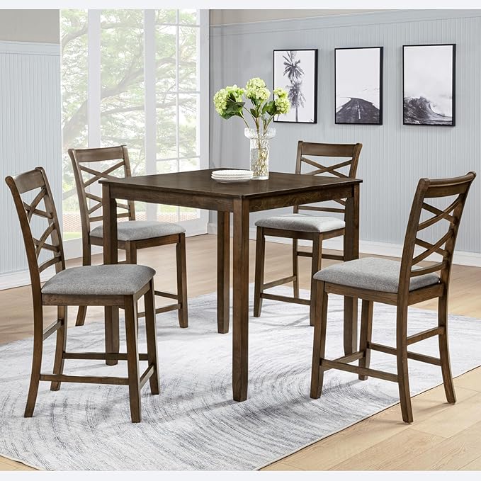 Set of 4 Dining Chairs, Wooden Kitchen Chairs with Padded Cushion, Upholstered Stools for Kitchen Island, Dining Room, Living Room, Easy Assembly (Walnut - Cross-backrest)