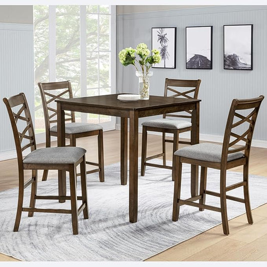 Set of 4 Dining Chairs, Wooden Kitchen Chairs with Padded Cushion, Upholstered Stools for Kitchen Island, Dining Room, Living Room, Easy Assembly (Walnut - Cross-backrest)