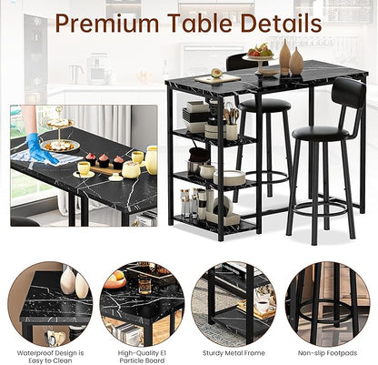 Recaceik Pub Dining Table Set for 2, Table and Bar Stools with 3 Storage Shelves, MDF Board & PU Leather Backrest Chairs, 3 Piece Dining Set for Small Space, Apartment, Kitchen Island, Black