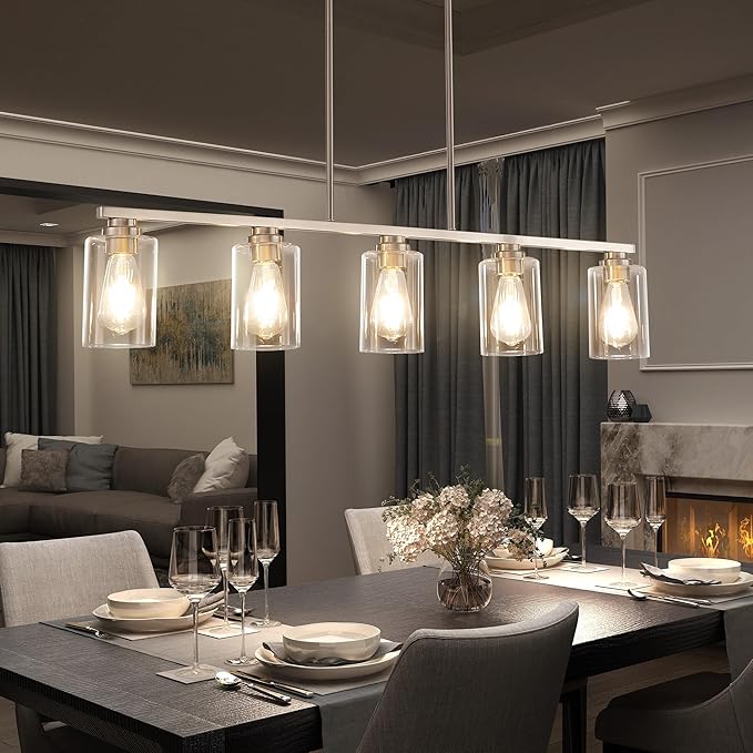 Mecgirn Island Light for Kitchen, Brushed Nickel Dining Room Light Fixture Over Table, 5-Light Linear Chandelier Pendant Lighting for Dining Table Kitchen Island Living Room