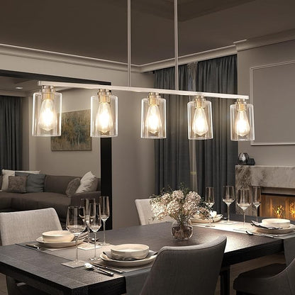 Mecgirn Island Light for Kitchen, Brushed Nickel Dining Room Light Fixture Over Table, 5-Light Linear Chandelier Pendant Lighting for Dining Table Kitchen Island Living Room
