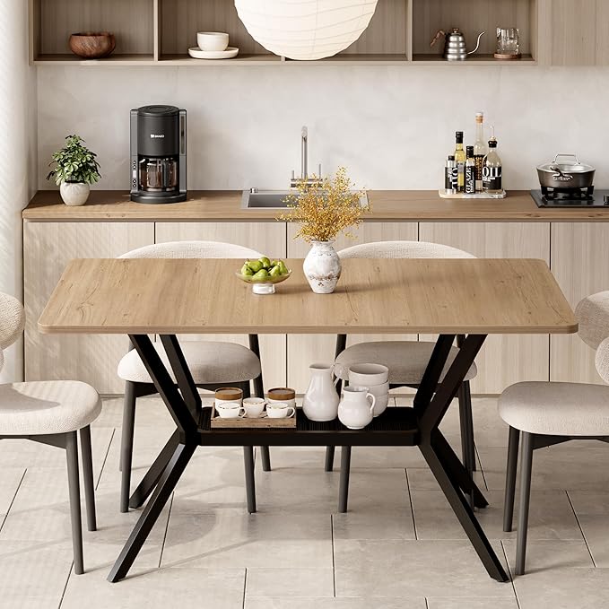 MECHYIN 55" Dining Table for 4-6, Industrial Kitchen Table with Spacious Storage Shelf, Sturdy Metal Frame Rectangular Dinner Table for Dining Room, Small Apartments, Home Office