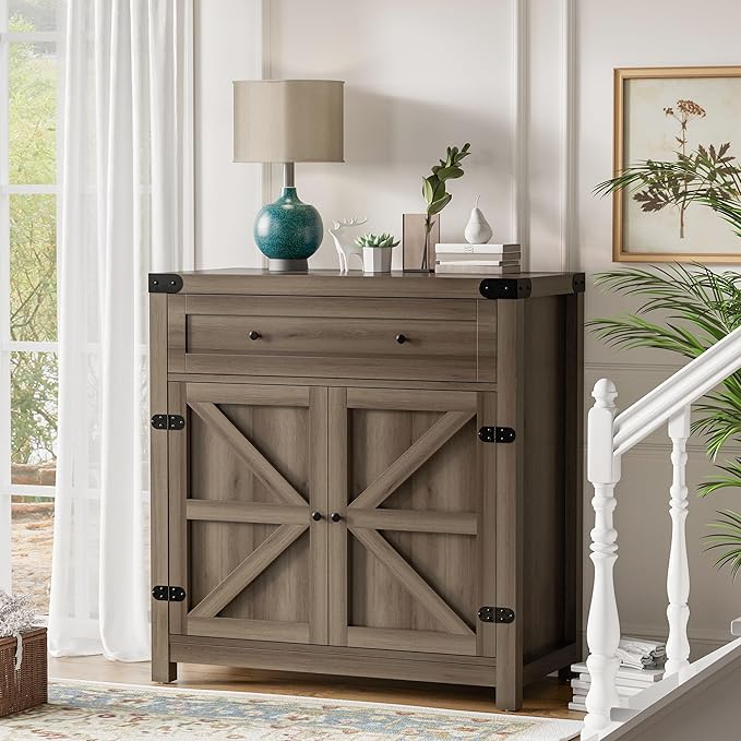 Flamaker Sideboard Buffet Cabinet with Storage, Farmhouse Coffee Bar Cabinet with 1 Drawer and 2 Barn Doors, Barn Door Console Table, Storage Cabinet for Kitchen, Dining Room, Entryway (Rustic Oak)