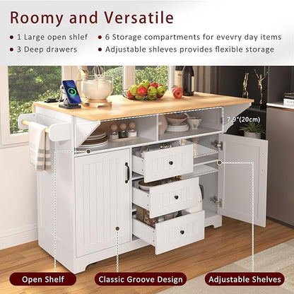 Modern Dining Table 55.7'' Large Kitchen Island with 2 Drop, Rolling Cart on 5 Wheels with Power Outlet, Folding Dining Table with Spice & Towel Rack for Kitchen Living Room,White-MDF