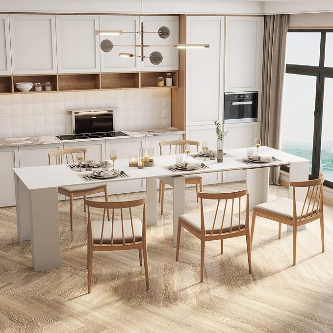 Pvillez 118.5" Wood Expandable Dining Table for 8-12 Person, Modern White Extendable Dining Room Table Large Rectangle Dining Table with Leaf Extension for Kitchen Console Office