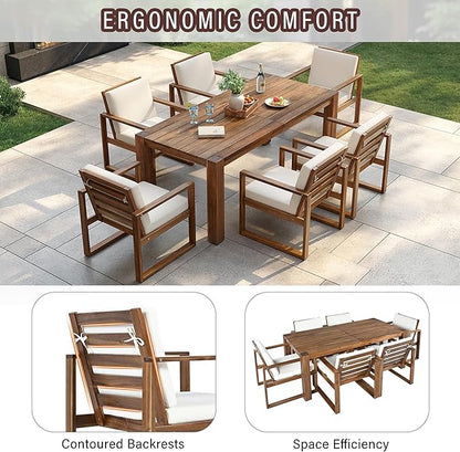 Merax Patio Table and Chairs Set, Outdoor Dining Set for 6 with Umbrella Hole, 7 Piece Outdoor Patio Furniture Set Wood Frame with Removable Cushion for Garden, Backyard, Lawn, and Poolside