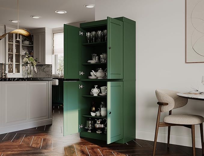 Palace Imports Solid Wood Kitchen Pantry Cabinet - 71.5" Tall x 32" Wide - Wooden Storage Cabinet with 4 Doors & Adjustable Shelves, Green, 100% Renewable Eco-Friendly Wood, Made in Brazil