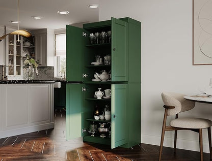Palace Imports Solid Wood Kitchen Pantry Cabinet - 71.5" Tall x 32" Wide - Wooden Storage Cabinet with 4 Doors & Adjustable Shelves, Green, 100% Renewable Eco-Friendly Wood, Made in Brazil